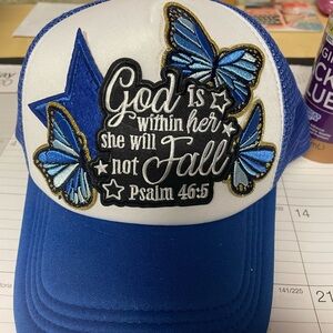 Women’s Custom Made Blue Trucker Hat with Butterflies & Inspirational Patch